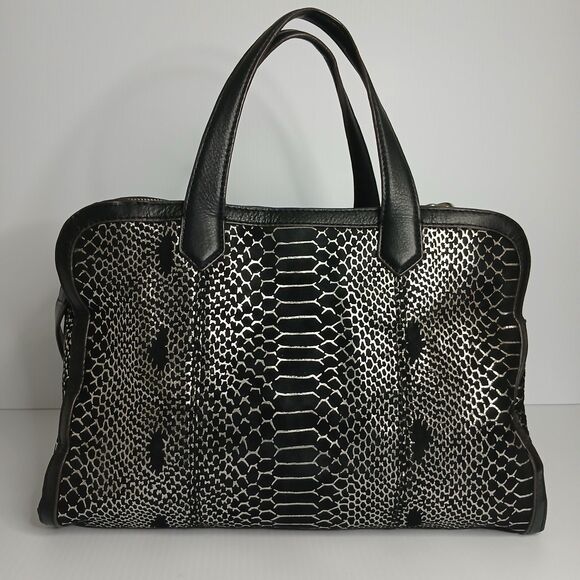 Aimee Kestenberg Leather Handbag  Black Purse Snake Print Metallic Satchel - Picture 5 of 16